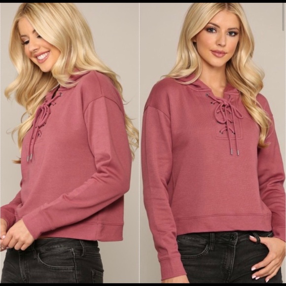 New! Sale 🎉SOFT! Lace Up Mauve Trendy Cropped Sweatshirt Hoodie warm - Picture 2 of 6